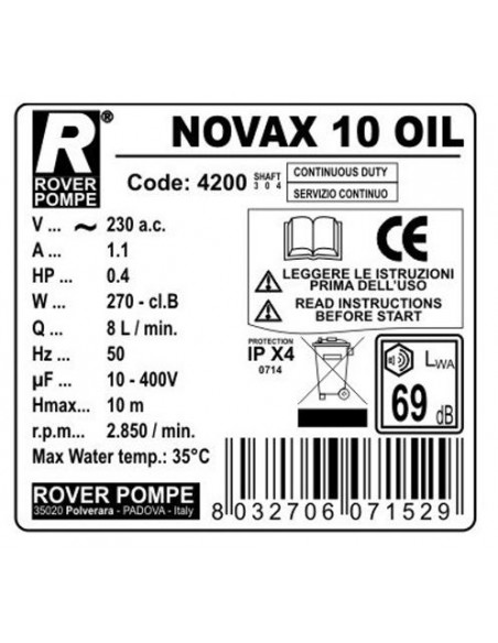 Pompa de transfer ulei vegetal Rover NOVAX 10 Oil, 320 W, 300-420 L/h
