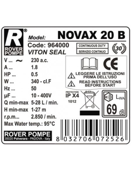 Pompa de transfer lichide fierbinti Rover NOVAX 20 B, 340 W, 1700 L/h, max. 95°C