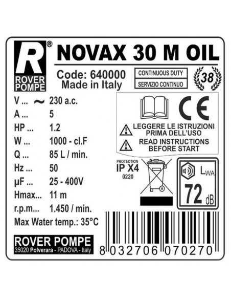 Pompa de transfer ulei vegetal Rover NOVAX 30 Oil, 1000 W, 3000-5000 L/h